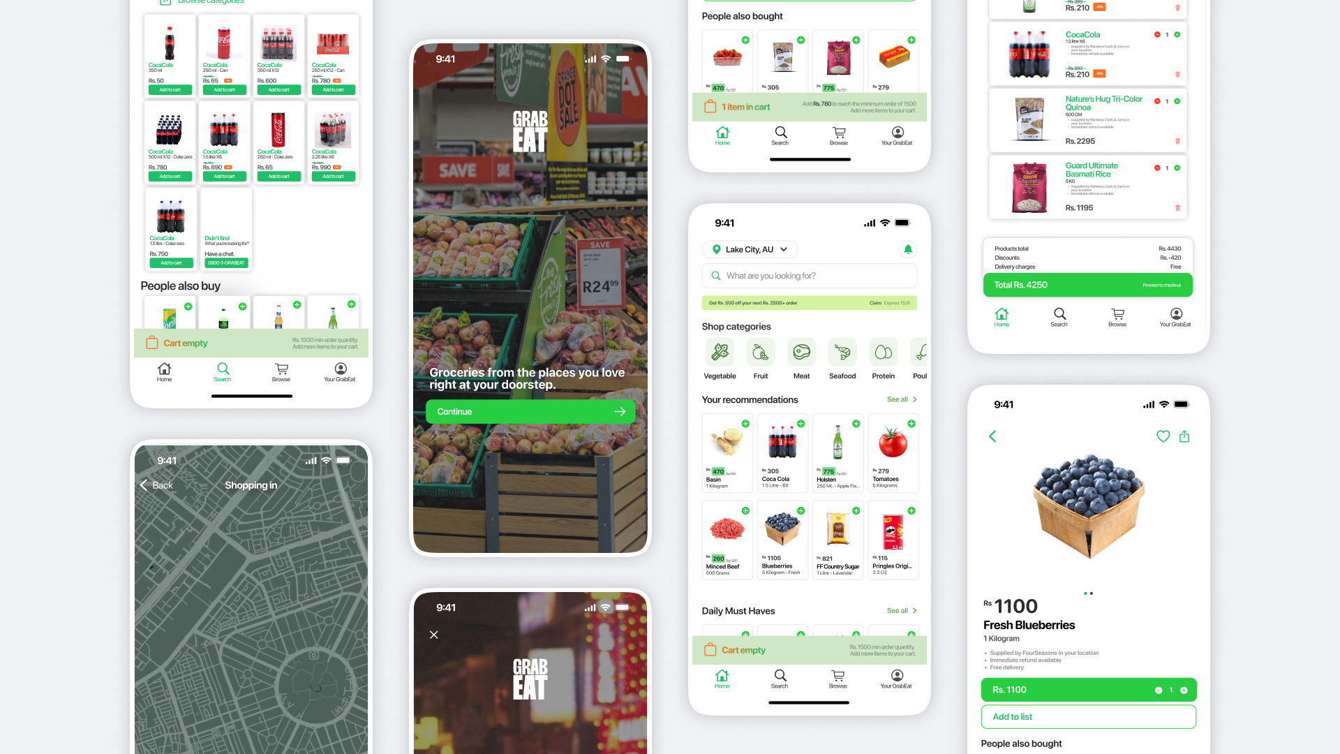 GRAB EAT mobile app interface screens